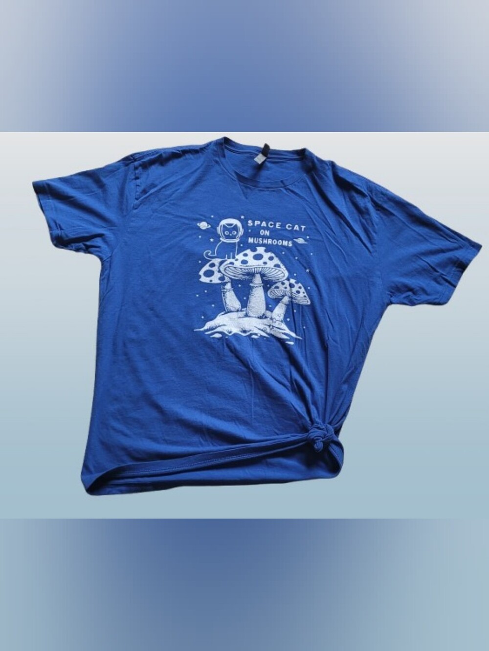 SPACE CAT ON MUSHROOMS, 2xl Blue T-shirt, Short Sleeve, Humor, Psychedelic